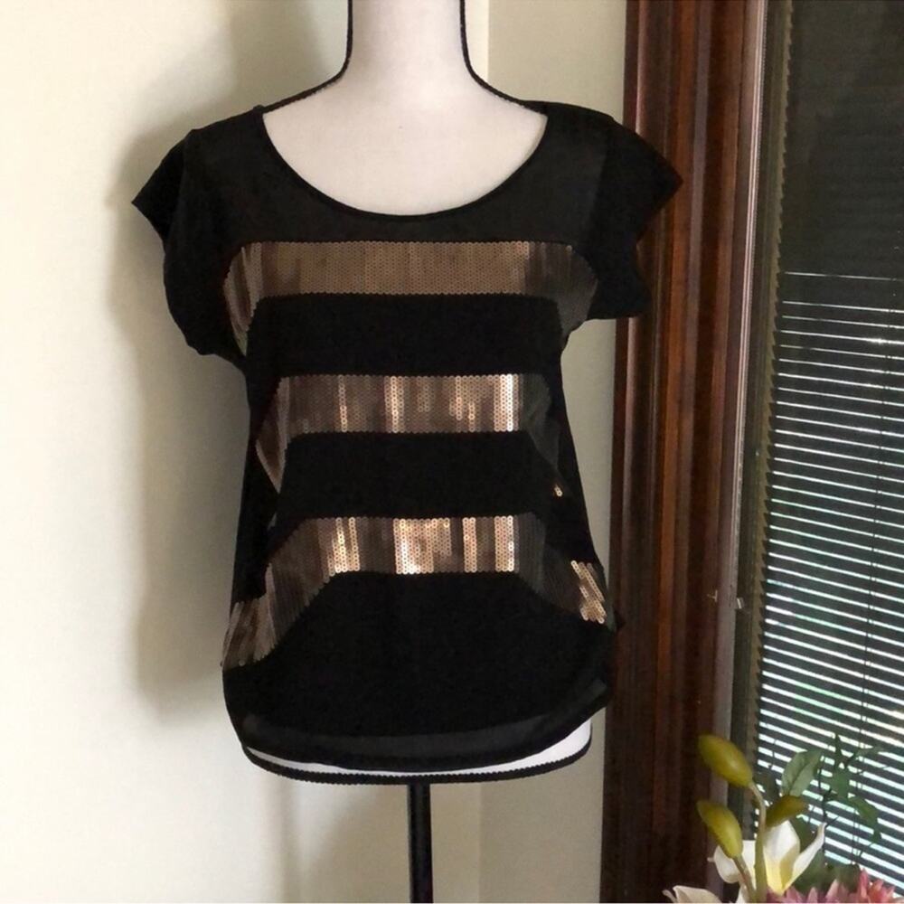 Express | Black with Gold Sequins Short Sleeve Blouse Size S